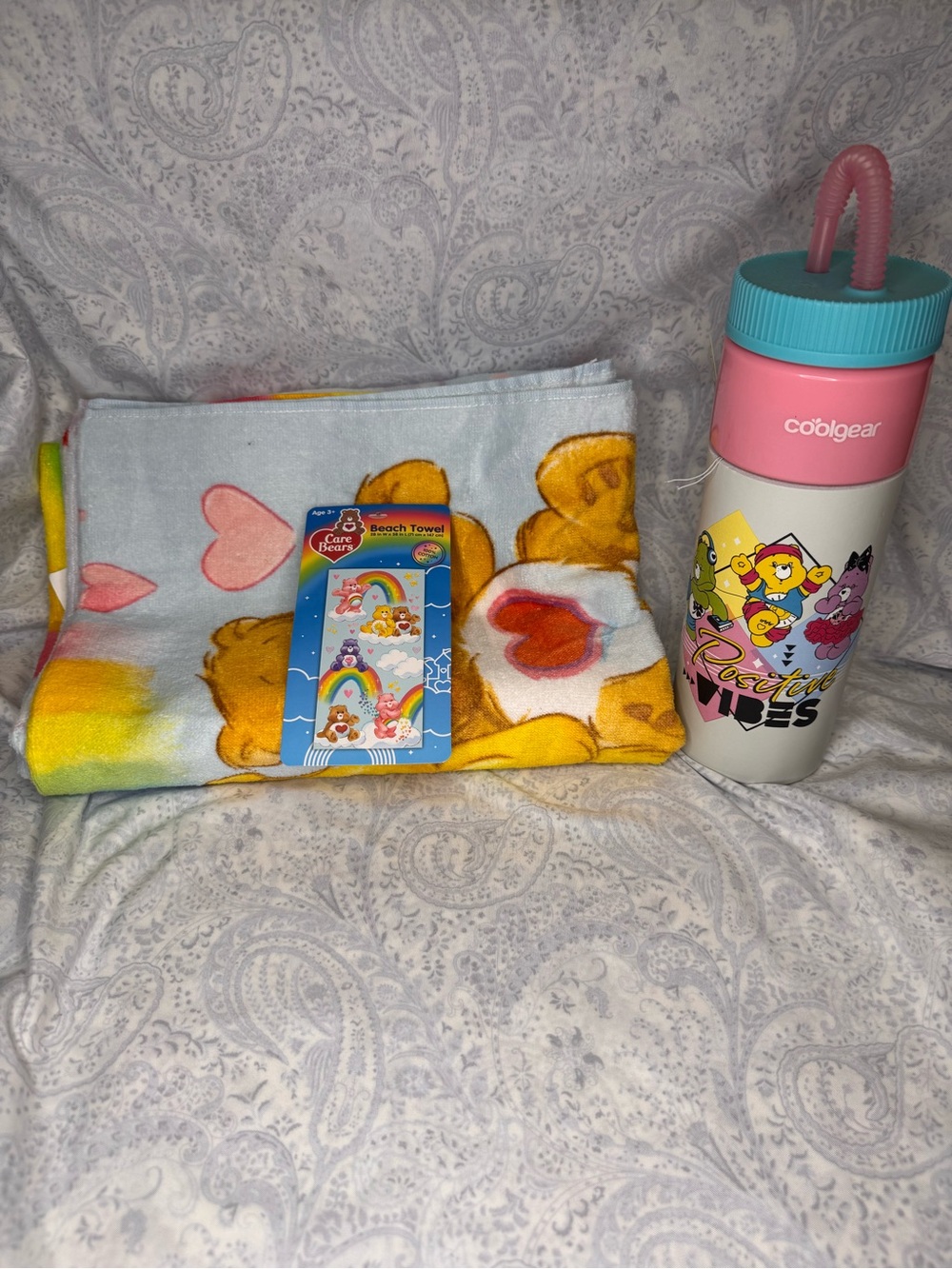 Care Bears Multicolor BeachTowel and 24oz. Bottle with Foam Insulating Surround